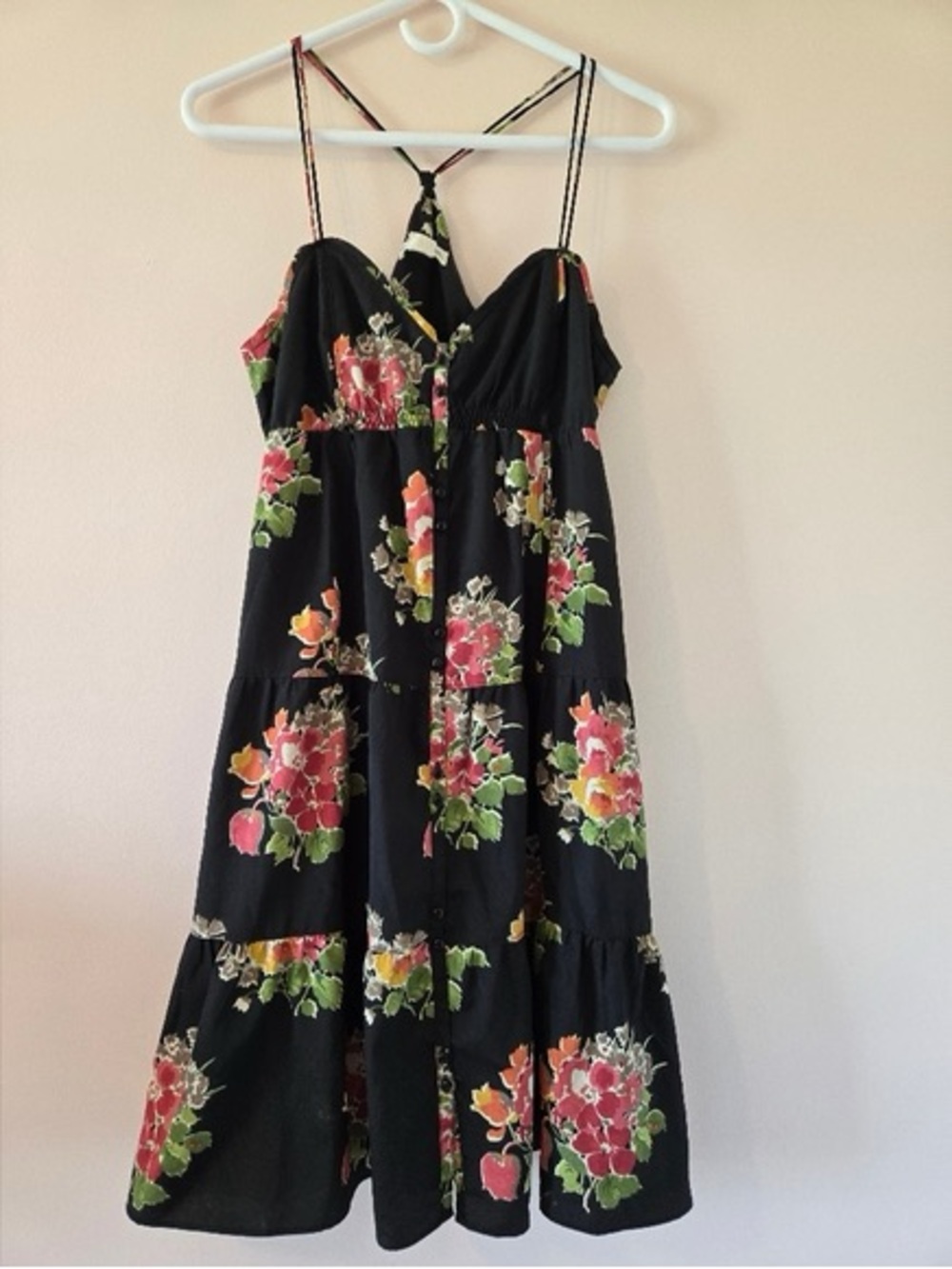 American Eagle Outfitters Black Floral Tiered Sundress with Spaghetti Straps